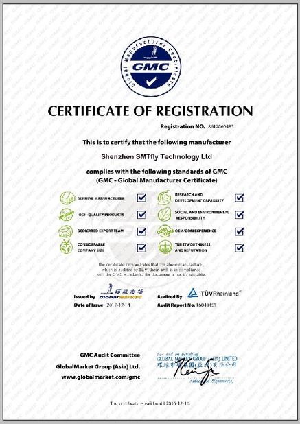 Chiny Shenzhen SMTfly Electronic Equipment Manufactory Limited Certyfikaty